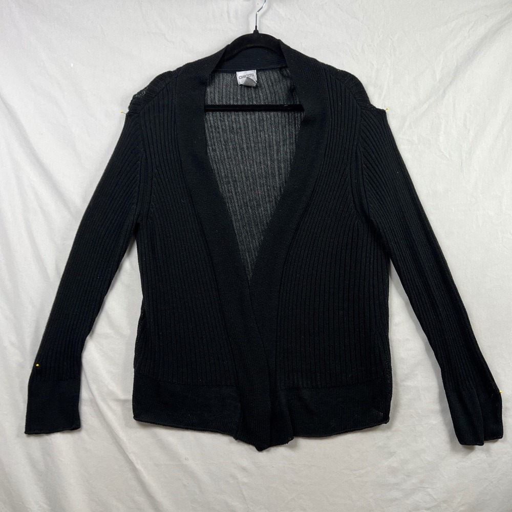 Chico's 3 Open Front Cardigan Women XL Black Loose Knit Long Sleeve Relaxed